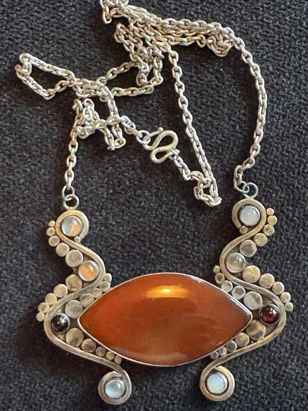 Vintage sterling carnelian, moonstone and garnet gemstone large pendant necklace